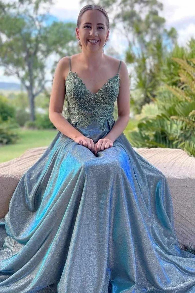 A-line Straps Applique Long Prom Dress