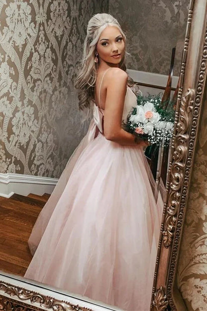 A-line Bow Back Backless Tulle Floor Length Prom Dress