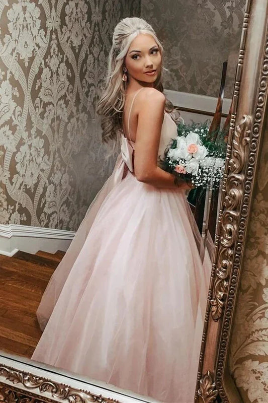 A-line Bow Back Backless Tulle Floor Length Prom Dress