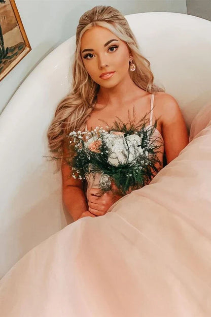 A-line Bow Back Backless Tulle Floor Length Prom Dress