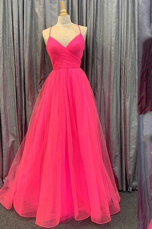 A-line Lace-Up Back Pleated Prom Dress ﻿