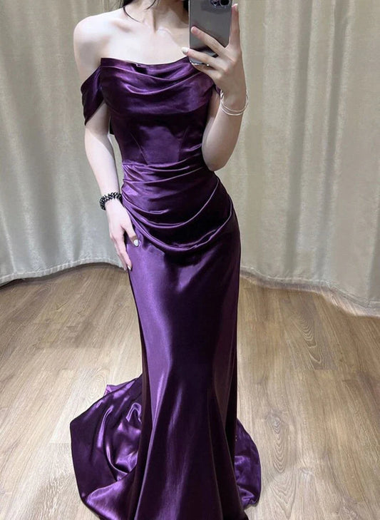 A-line Strapless Satin Off Shoulder Long Satin Prom Dress