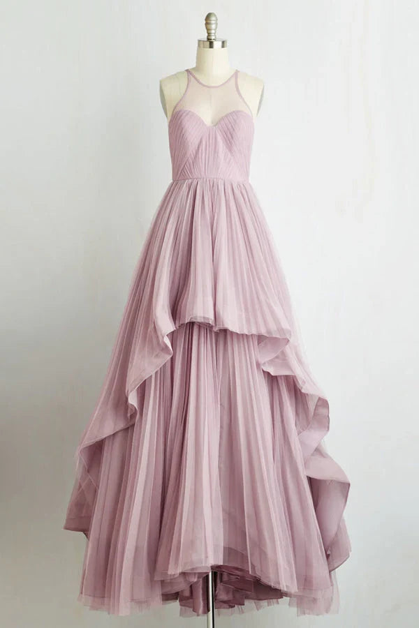 A Line Sleeveless Sheer Back Long Prom Dresses