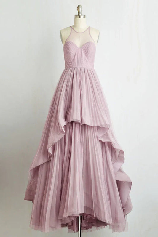 A Line Sleeveless Sheer Back Long Prom Dresses