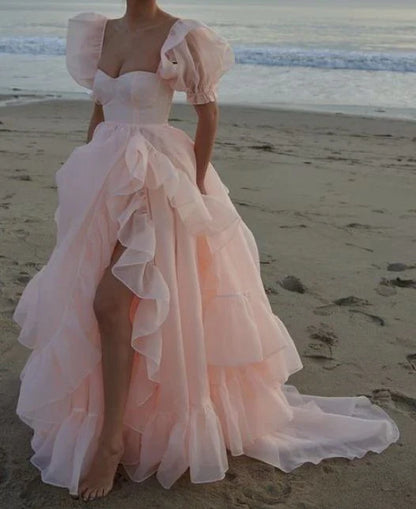 A-line Ruffle Multi Layer Tulle Square Round Neck Sexy High Low Long Prom Dresses With Slit