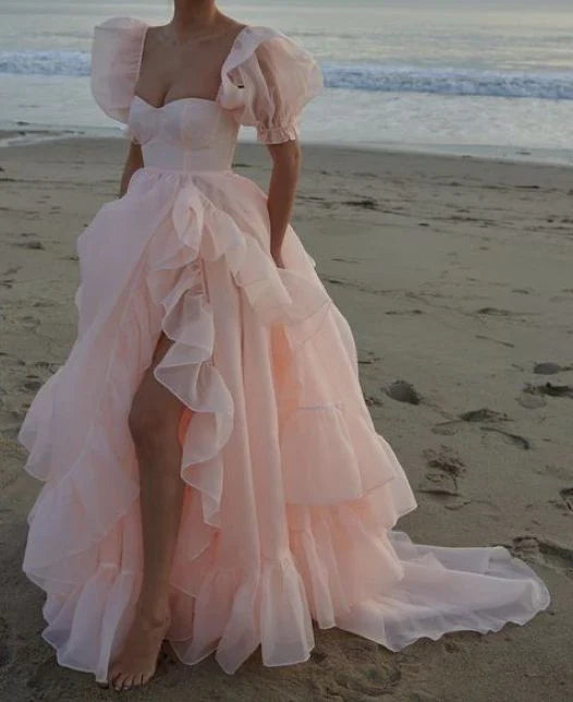 A-line Ruffle Multi Layer Tulle Square Round Neck Sexy High Low Long Prom Dresses With Slit