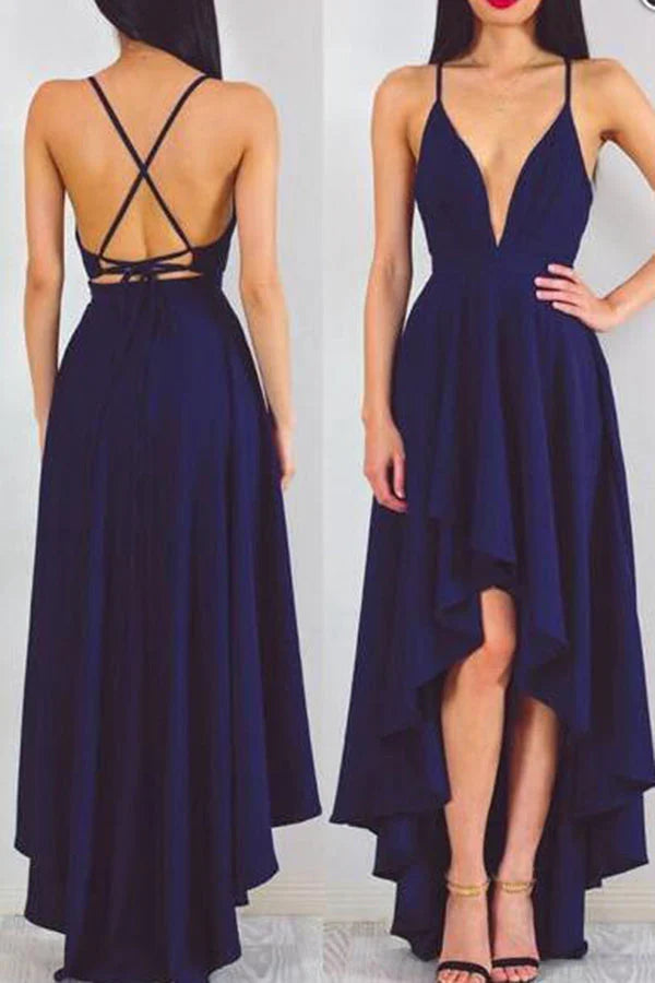 A-line Simple High Low Straps Chiffon Prom Dresses