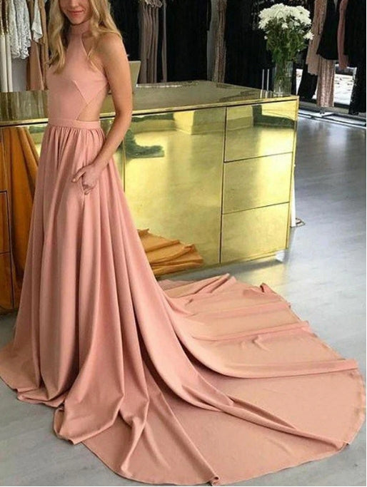 A-Line Court Halter Sleeveless Sheer Back Prom Dresses