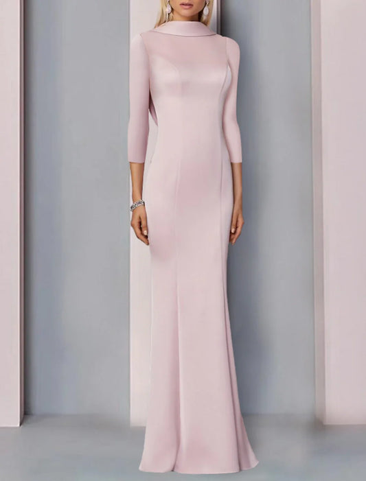 Mermaid / Trumpet Evening Gown Elegant Dress Formal Wedding Guest Floor Length 3/4 Length Sleeve High Neck Satin