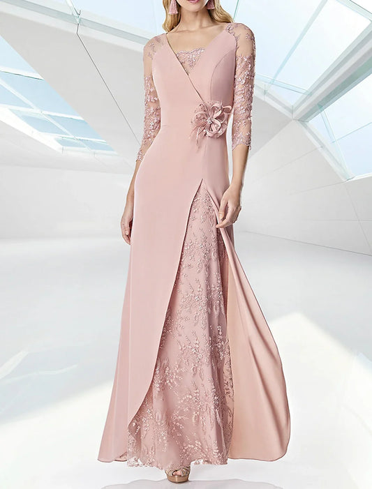 A-Line Wedding Guest Evening Dress Formal Floor Length 3/4 Length Sleeve V Neck Fall Chiffon