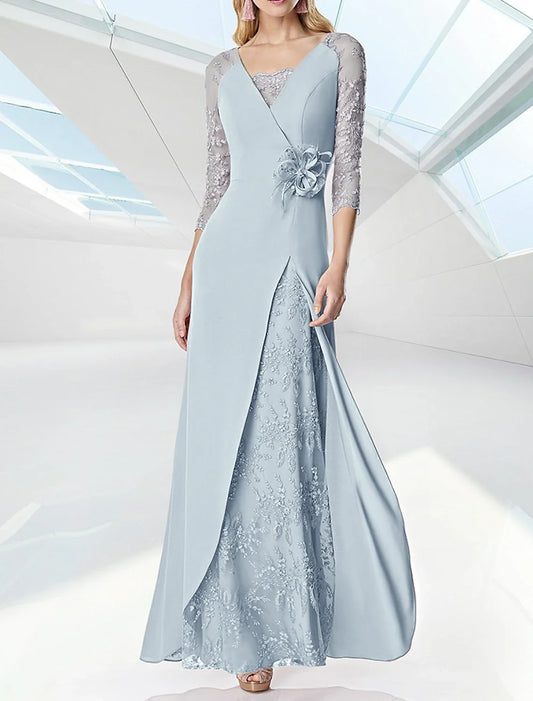 A-Line Wedding Guest Evening Dress Formal Floor Length 3/4 Length Sleeve V Neck Fall Chiffon
