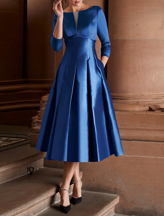 A-Line Cocktail Evening Dresses Minimalist Dress Party Dress Wedding Guest Tea Length 3/4 Length Sleeve Jewel Neck Fall Wedding Guest Satin