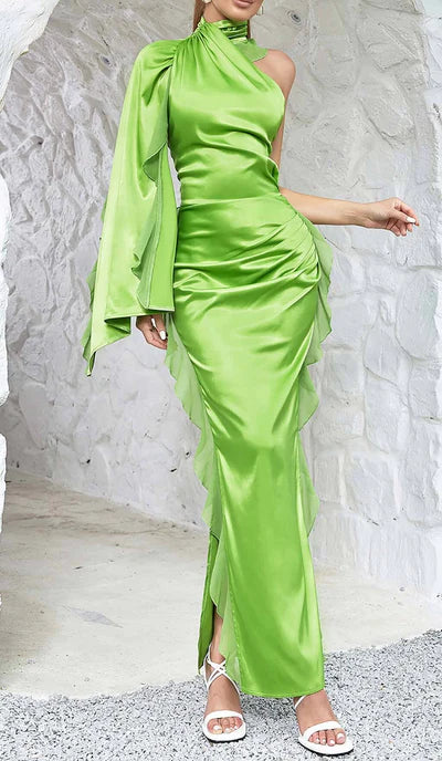 One-shoulder Satin Ruffle Prom Dress