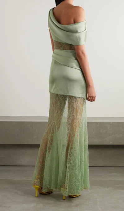One Shoulder Lace Cutout Waist Prom Dress
