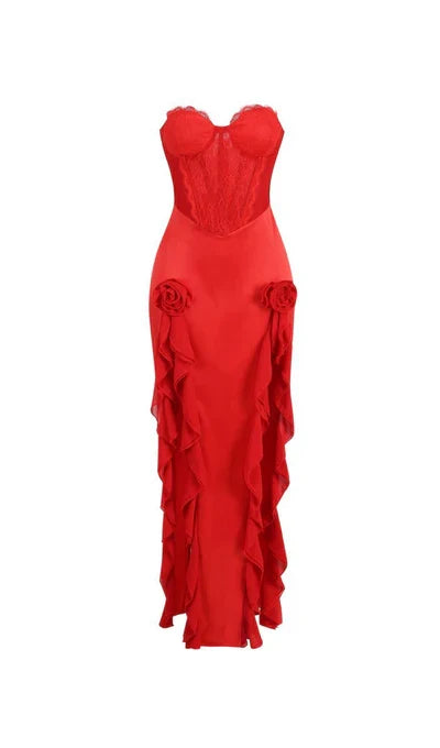 Ruffle Off-the-Shoulder Red Satin Lace Corset Prom Dress With Slit
