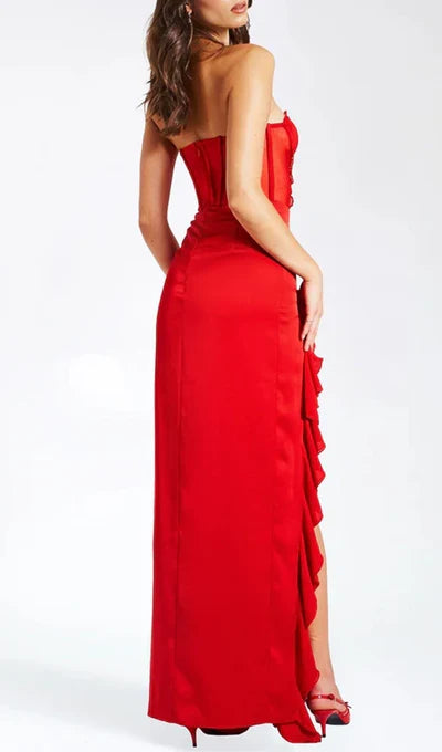 Ruffle Off-the-Shoulder Red Satin Lace Corset Prom Dress With Slit