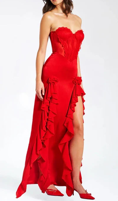 Ruffle Off-the-Shoulder Red Satin Lace Corset Prom Dress With Slit