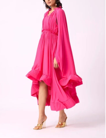 A-line V Neck Pleated Tea Length Long Sleeves Prom Dress