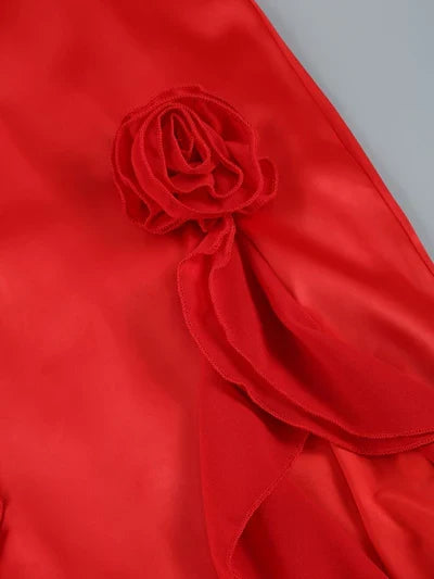 Ruffle Off-the-Shoulder Red Satin Lace Corset Prom Dress With Slit