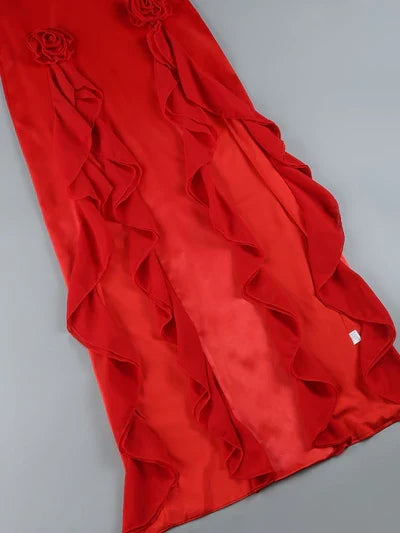 Ruffle Off-the-Shoulder Red Satin Lace Corset Prom Dress With Slit
