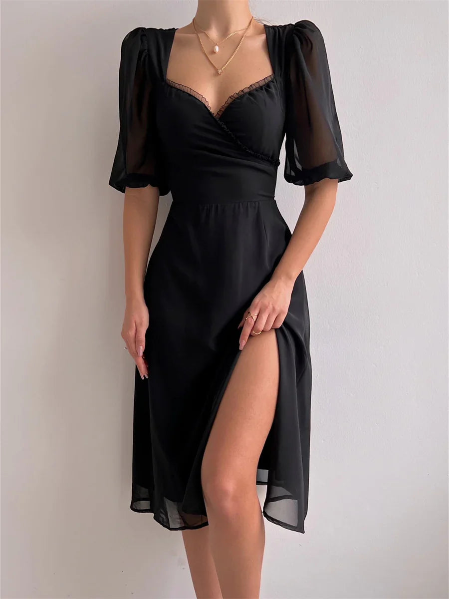 A-line Puff Sleeve Side Slit Prom Dress