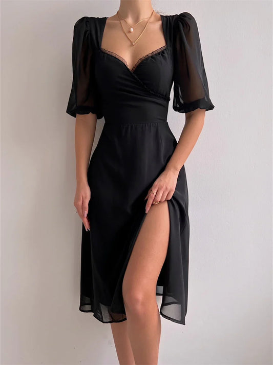 A-line Puff Sleeve Side Slit Prom Dress
