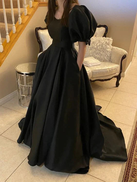 A-line Bubble Sleeve Round Neck Floor Dance Party Prom Dress