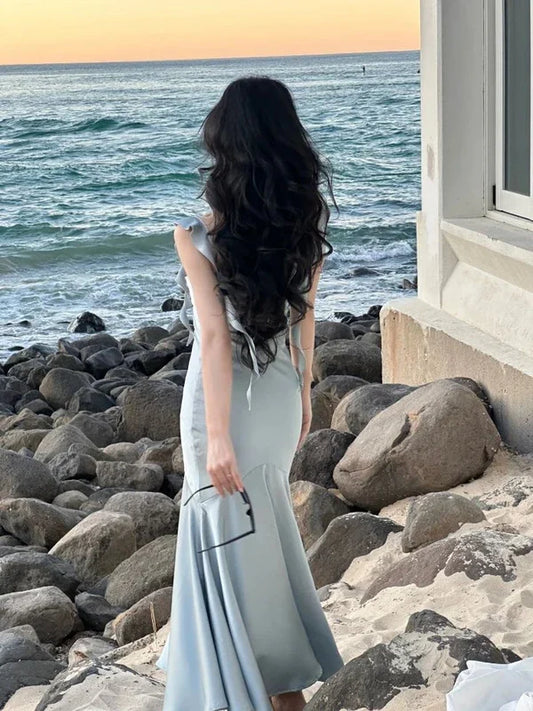 Vintage Satin Spaghetti Strap Women Summer Prom Dress