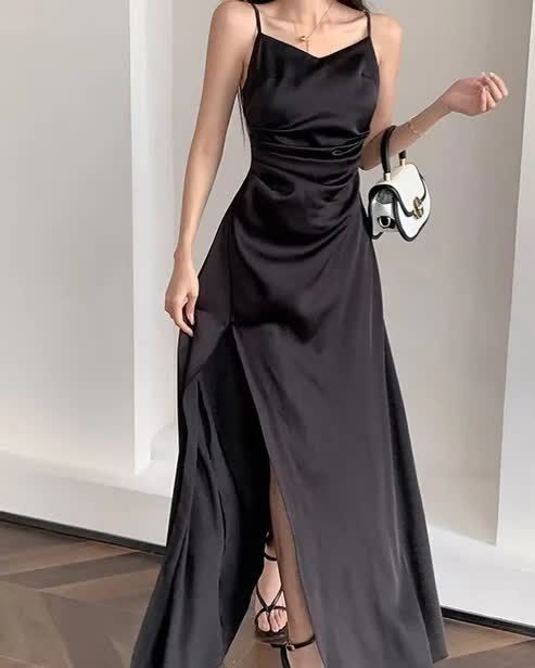 A Line Satin Spaghetti Straps Prom Dresses With Slit