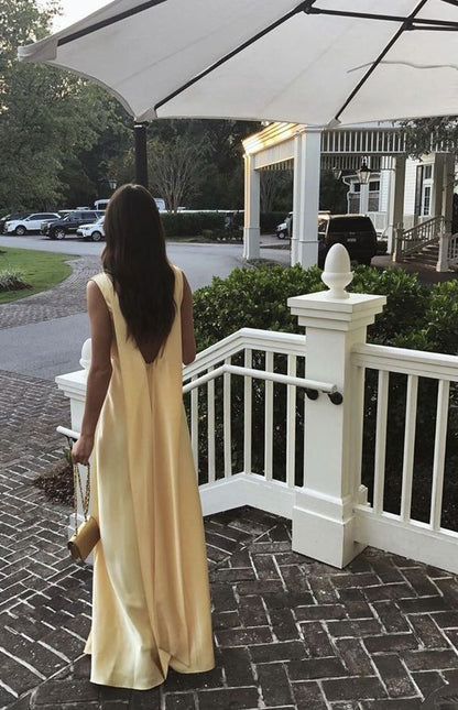A Line V Neck To Ground Long Prom Dresses