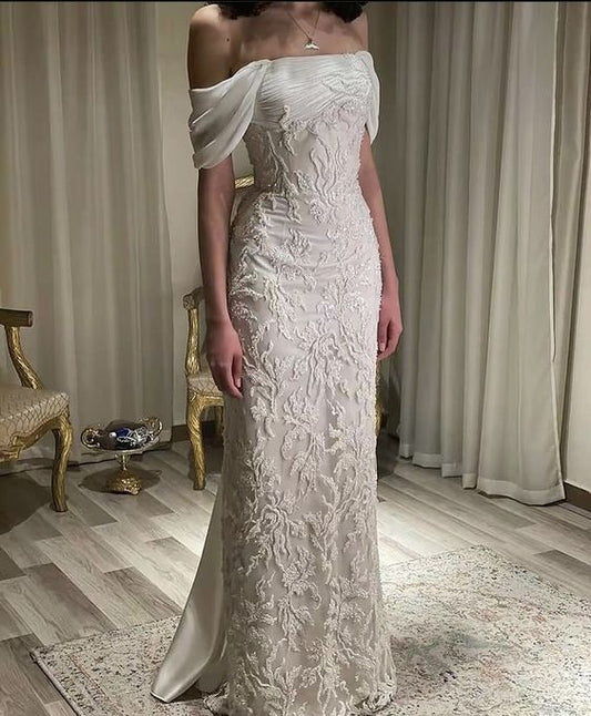 Gorgeous Off Shoulder Appliques Long Prom Wedding Dress