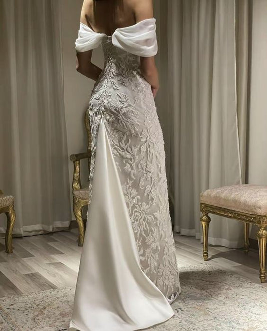 Gorgeous Off Shoulder Appliques Long Prom Wedding Dress