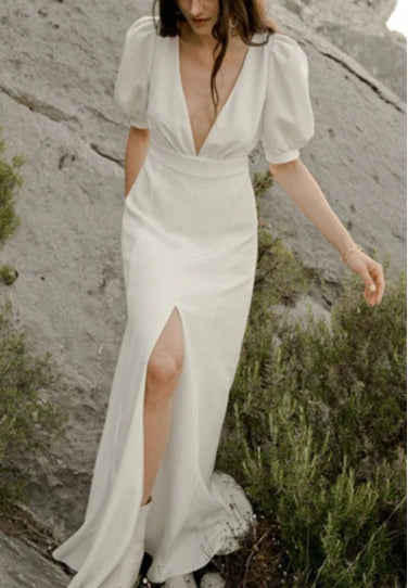 A-line Deep V High Split Maxi Prom Dress