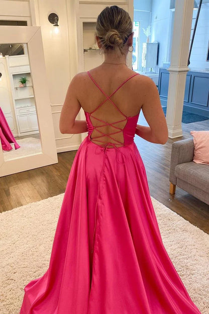A Line Spaghetti Straps with Split Front Evening Prom Dresses
