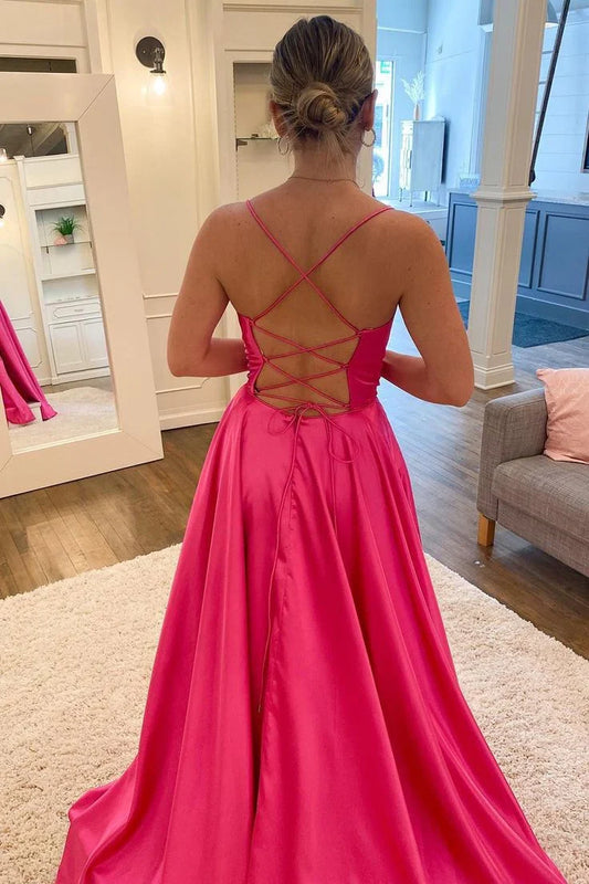 A Line Spaghetti Straps with Split Front Evening Prom Dresses