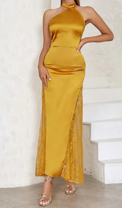 Off-the-Shoulder Halter Lace Satin Prom Dress