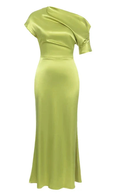 One Shoulder Satin Slit Prom Dress