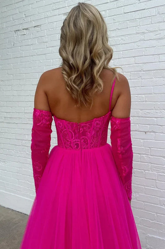 One Shoulder A-line Lace Tulle Prom Dress with Slit