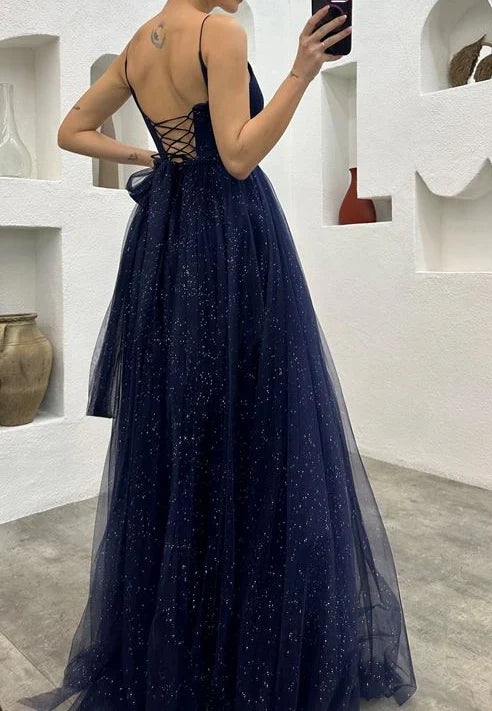A-line Spaghetti Straps V-neck Long Prom Dresses