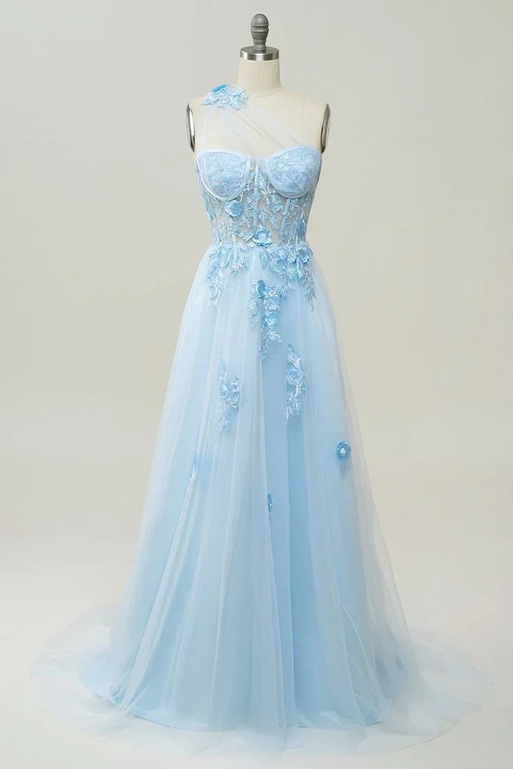 A-line One Shoulder Long Prom Dress with Appliques