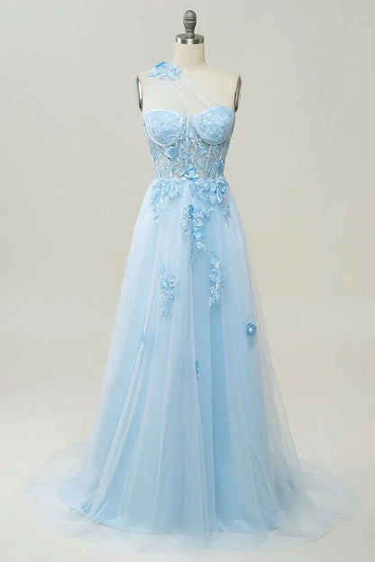 A-line One Shoulder Long Prom Dress with Appliques