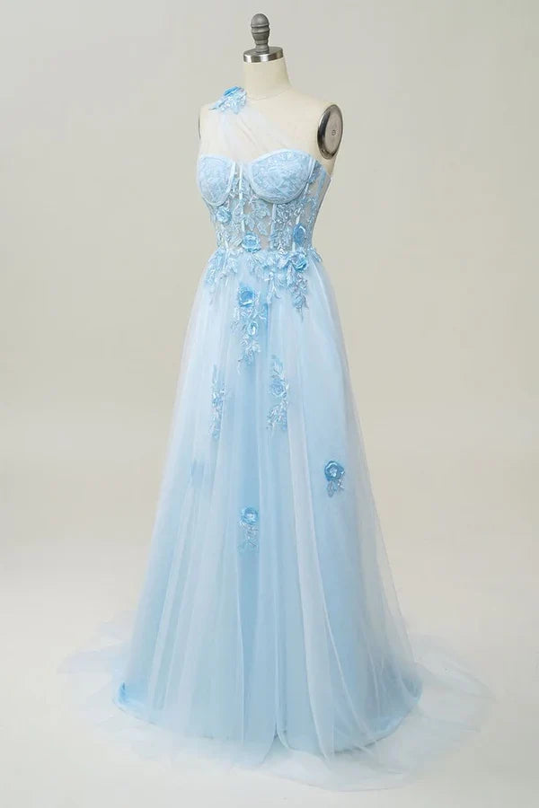 A-line One Shoulder Long Prom Dress with Appliques