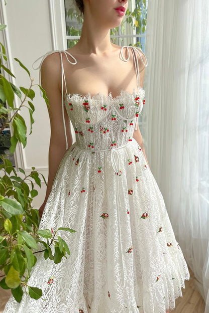 A-Line Tea Length Spaghetti Straps Appliqued Sheer Lace Prom Dress