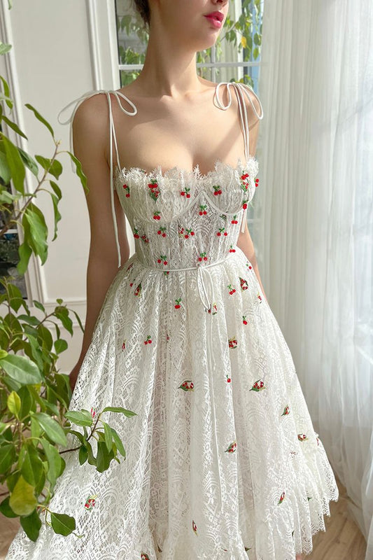 A-Line Tea Length Spaghetti Straps Appliqued Sheer Lace Prom Dress