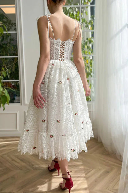 A-Line Tea Length Spaghetti Straps Appliqued Sheer Lace Prom Dress