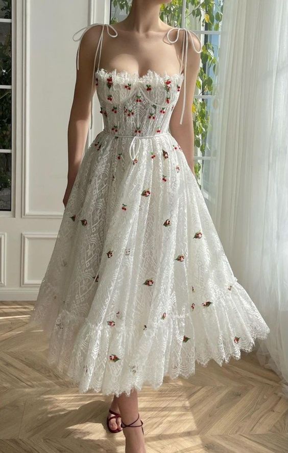A-Line Tea Length Spaghetti Straps Appliqued Sheer Lace Prom Dress