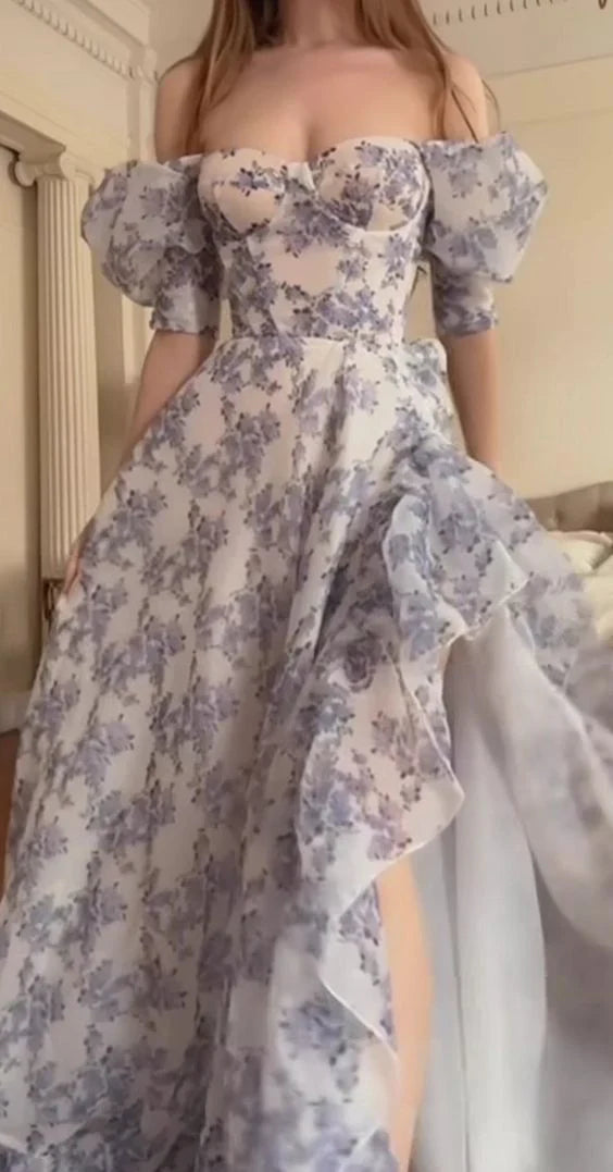 Strapless Floral Off The Shoulder Party Prom Dress With Slit