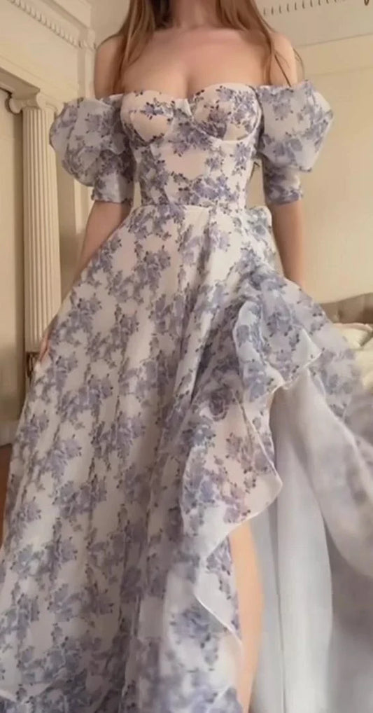 Strapless Floral Off The Shoulder Party Prom Dress With Slit