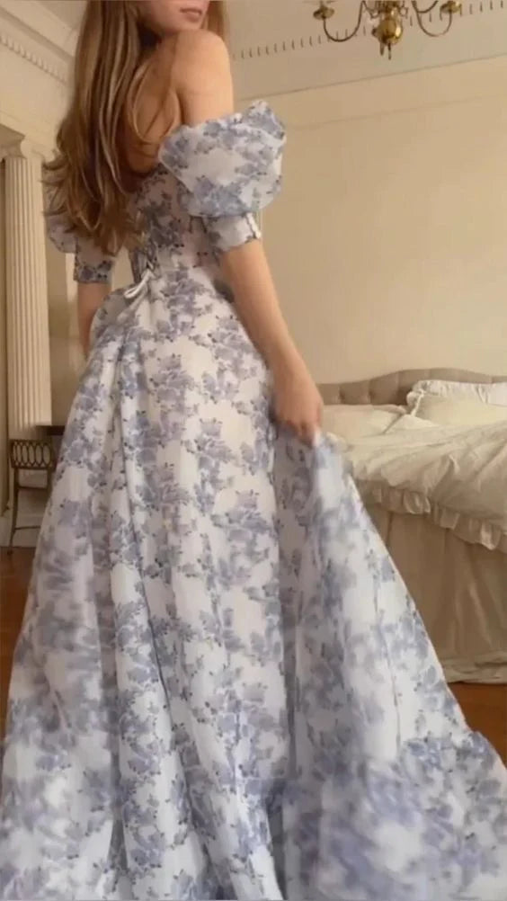 Strapless Floral Off The Shoulder Party Prom Dress With Slit
