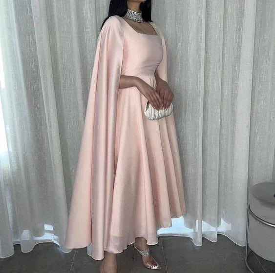 A-line Elegant Chiffon Cape Ankle Length Short Party Long Prom Dresses